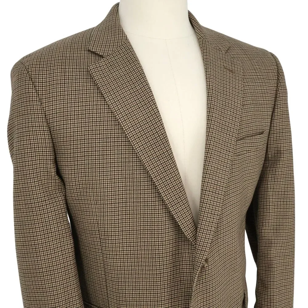 Jos A Bank Sport Coat Mens 46R Brown Houndstooth Plaid Wool Jacket Lined Blazer
